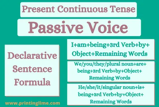 Declarative Sentence Formula Present Continuous Tense (Passive Voice)